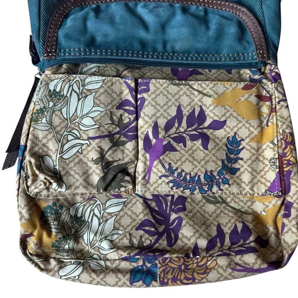 Fossil Teal Green Velvet Corduroy with Brown Leather Trim & Stitching Crossbody